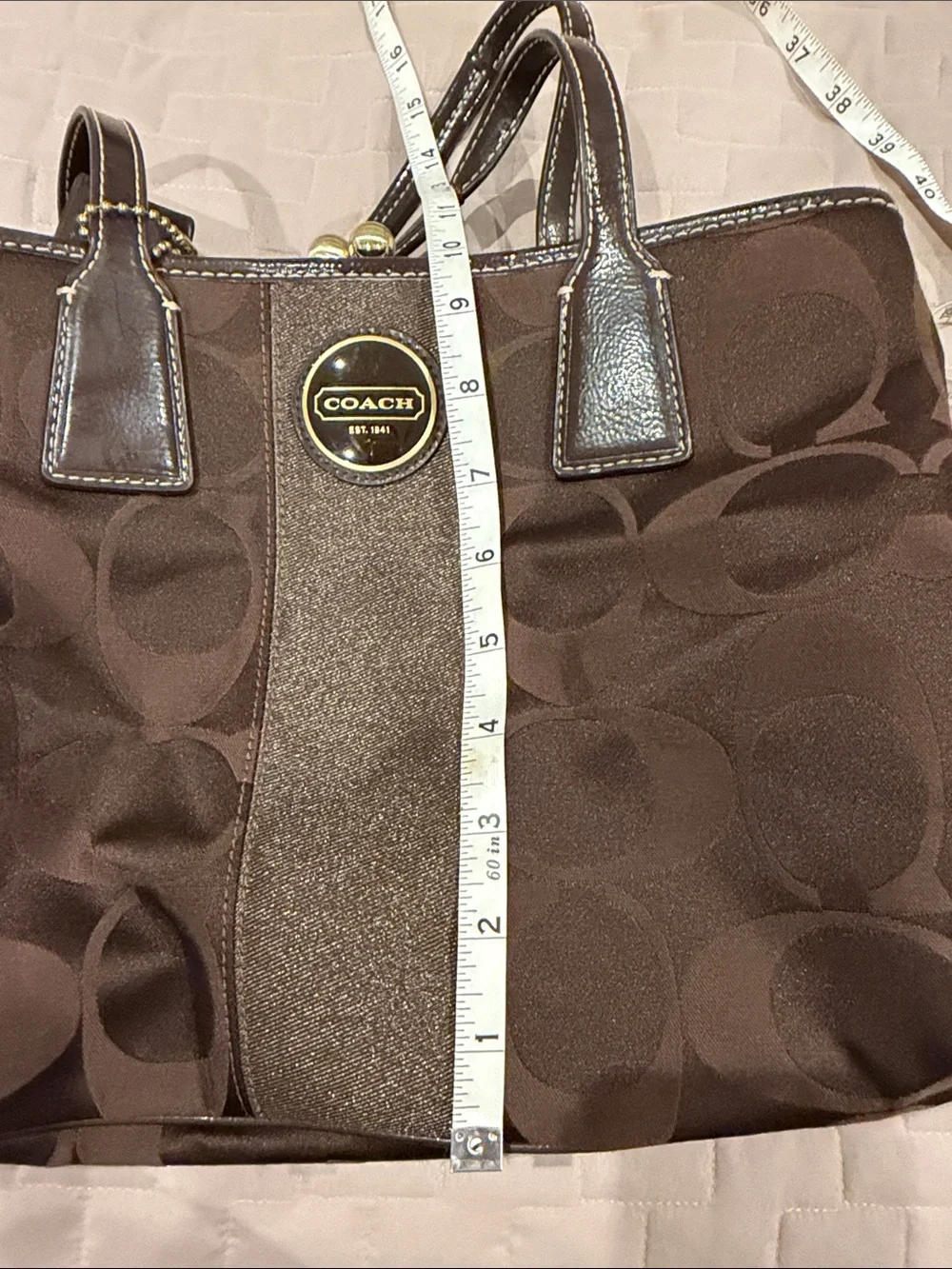 Coach F18036 Y2K Brown Signature Jacquard Kiss Lock Satchel with Gold Accents